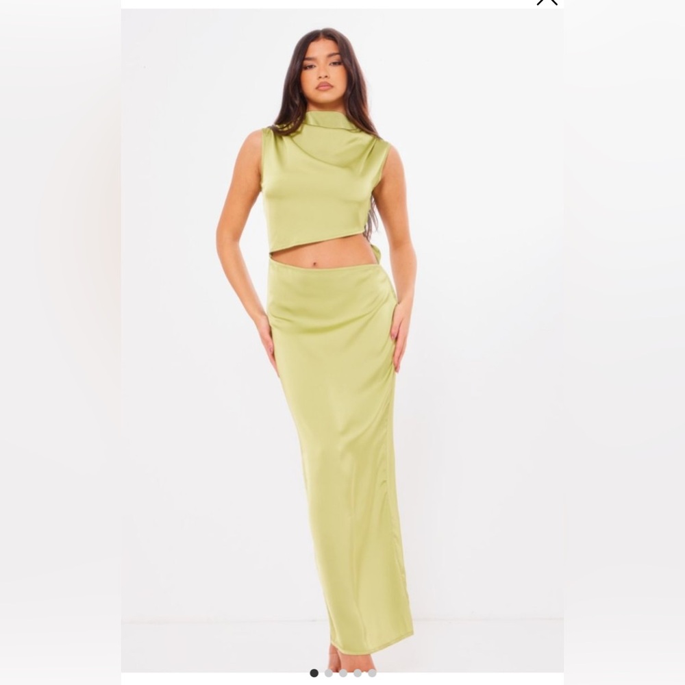 Bright Green Satin High Neck Cut Out Maxi Dress